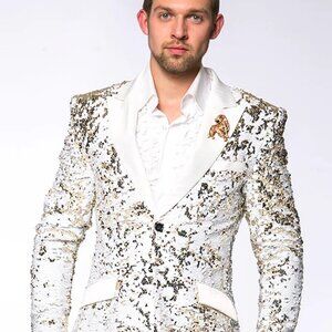Mens White and Gold Reversible Sequin Blazer